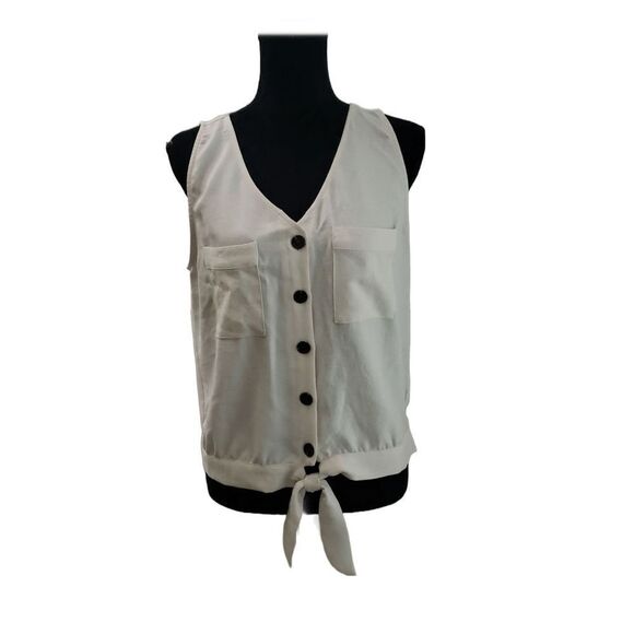 IZ Byer Off-White Button Up Sleeveless with Pockets and Bow Top Size L - Picture 1 of 9